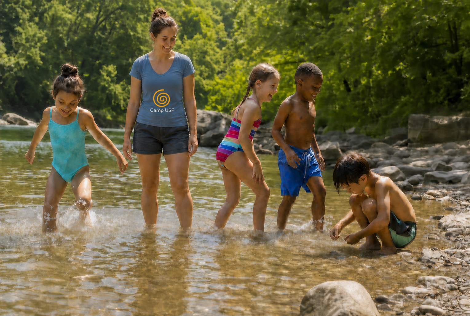 A parent watching children play in shallow water along a wooded riverbank